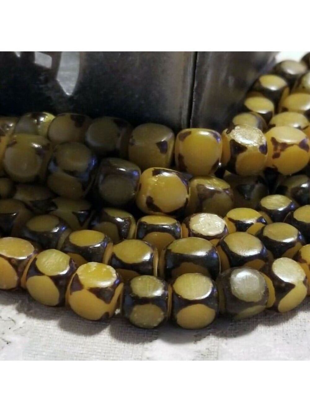 Vintage Irregular Artsy Rounded Cube Muted Yellow Buri Nut Seed Beads 10 pcs